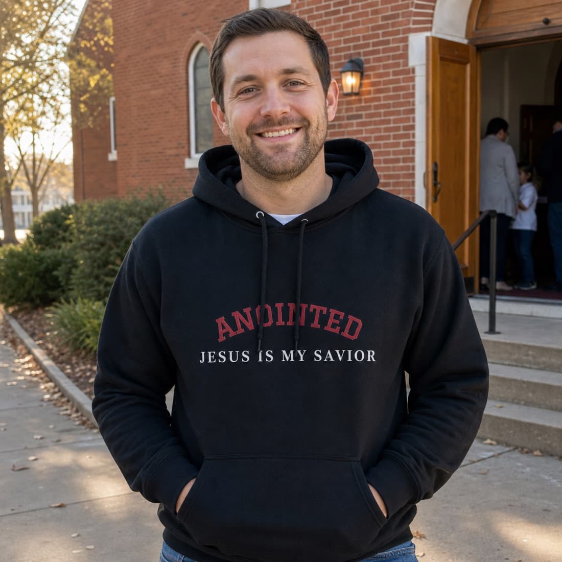 Customer wearing the black My Jesus hoodie outside church