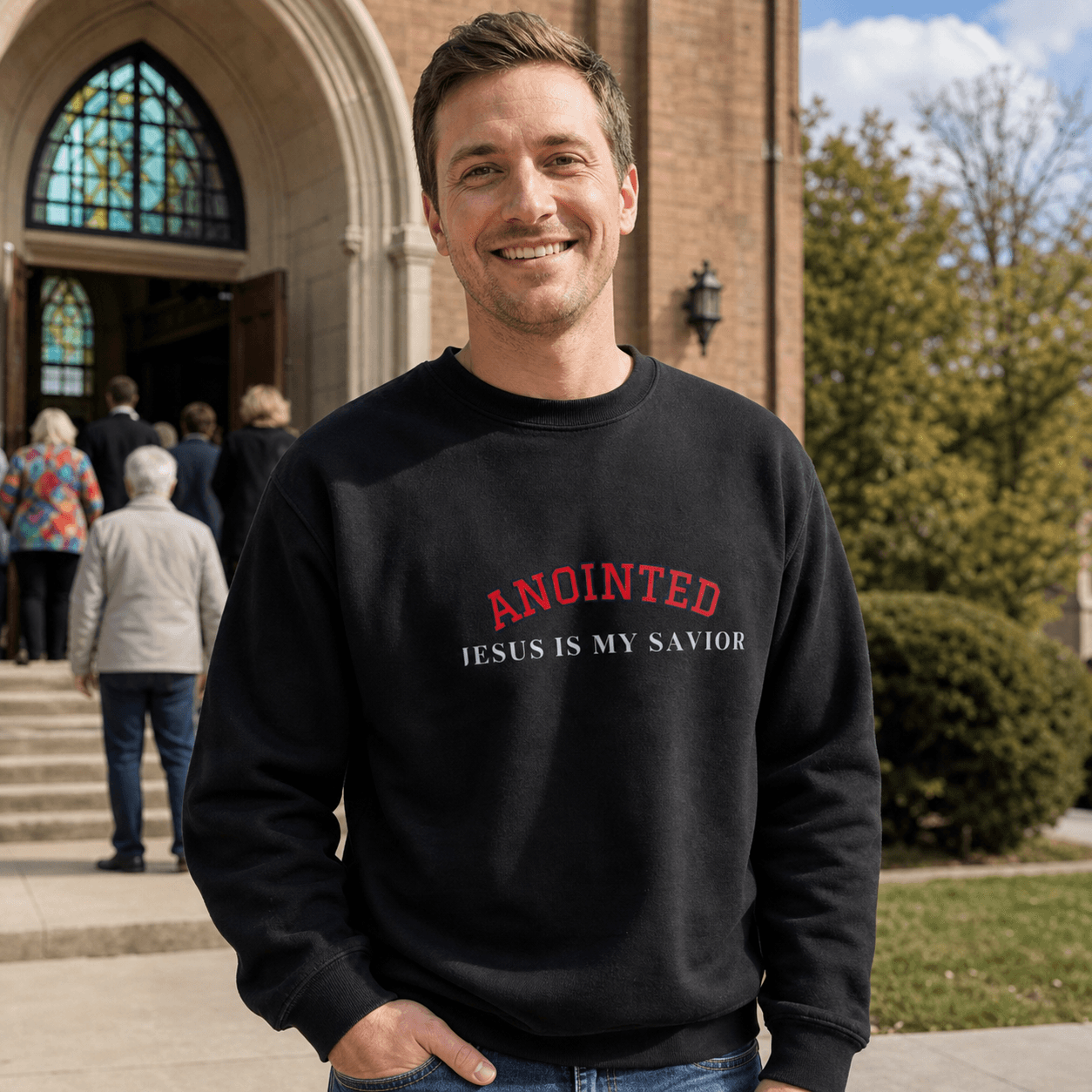 Customer wearing the black My Jesus sweatshirt outside church