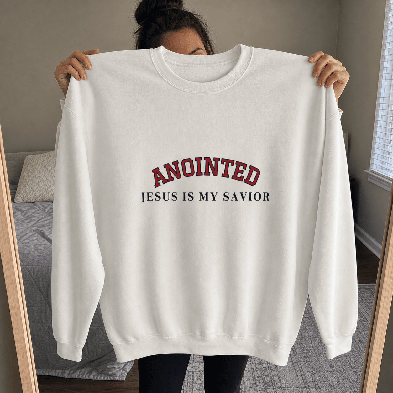 White My Jesus sweatshirt held up in a bedroom mirror